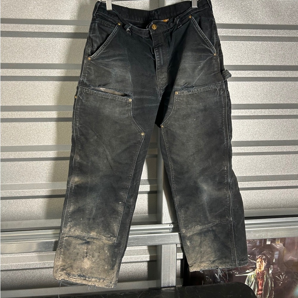 VINTAGE Carhartt Double Knee Pants Mens Black Distressed Made in USA Workwear